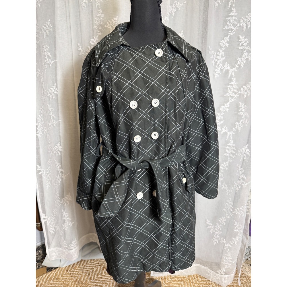 Vintage 60s ILGWU Union Made Grid Trench Coat Black White Mod Belted Jacket